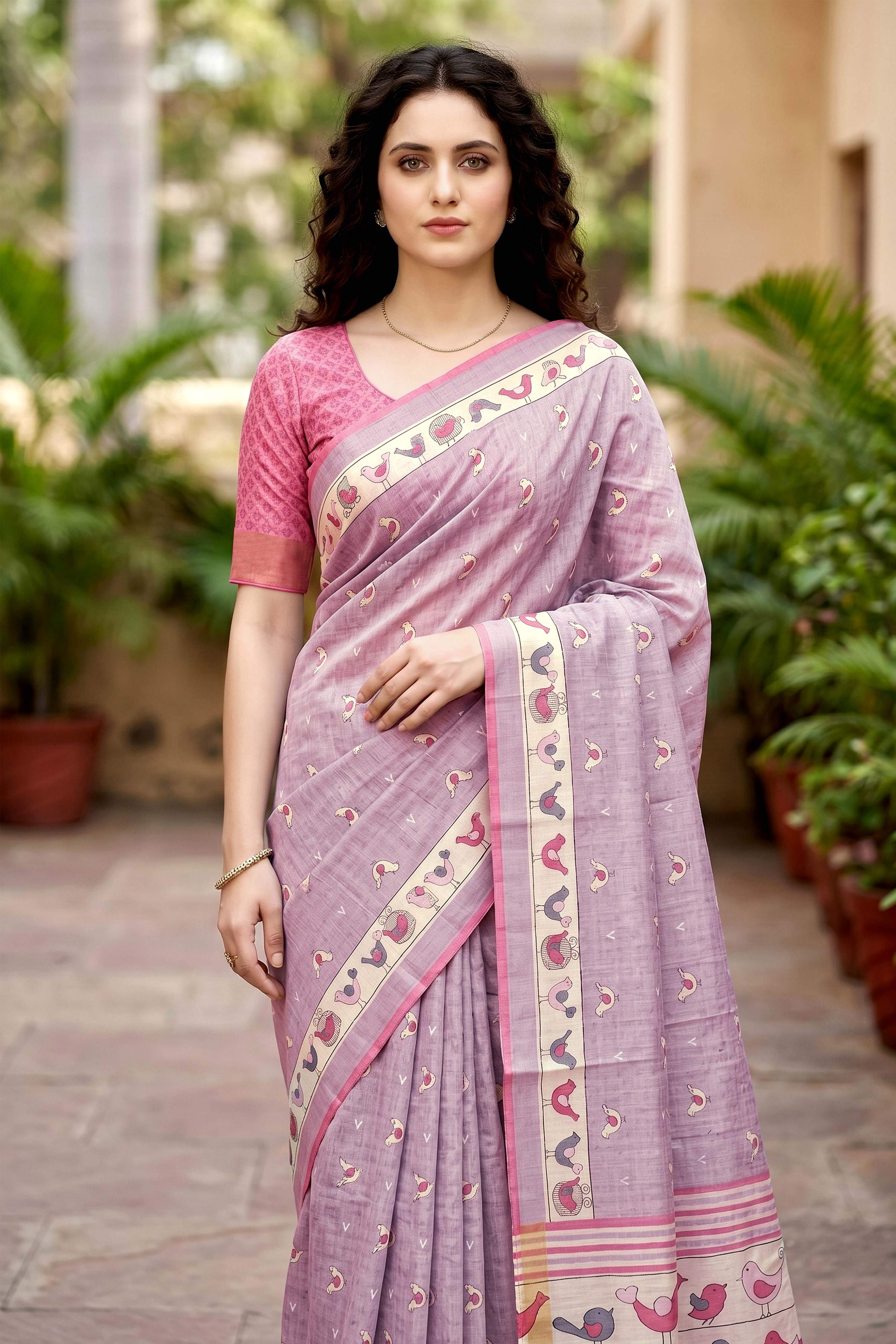 Sangam Prints Lavender Cotton Print Woven Work Traditional Saree | Grocsy