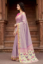 Sangam Prints Lavender Cotton Print Woven Work Traditional Saree | Grocsy