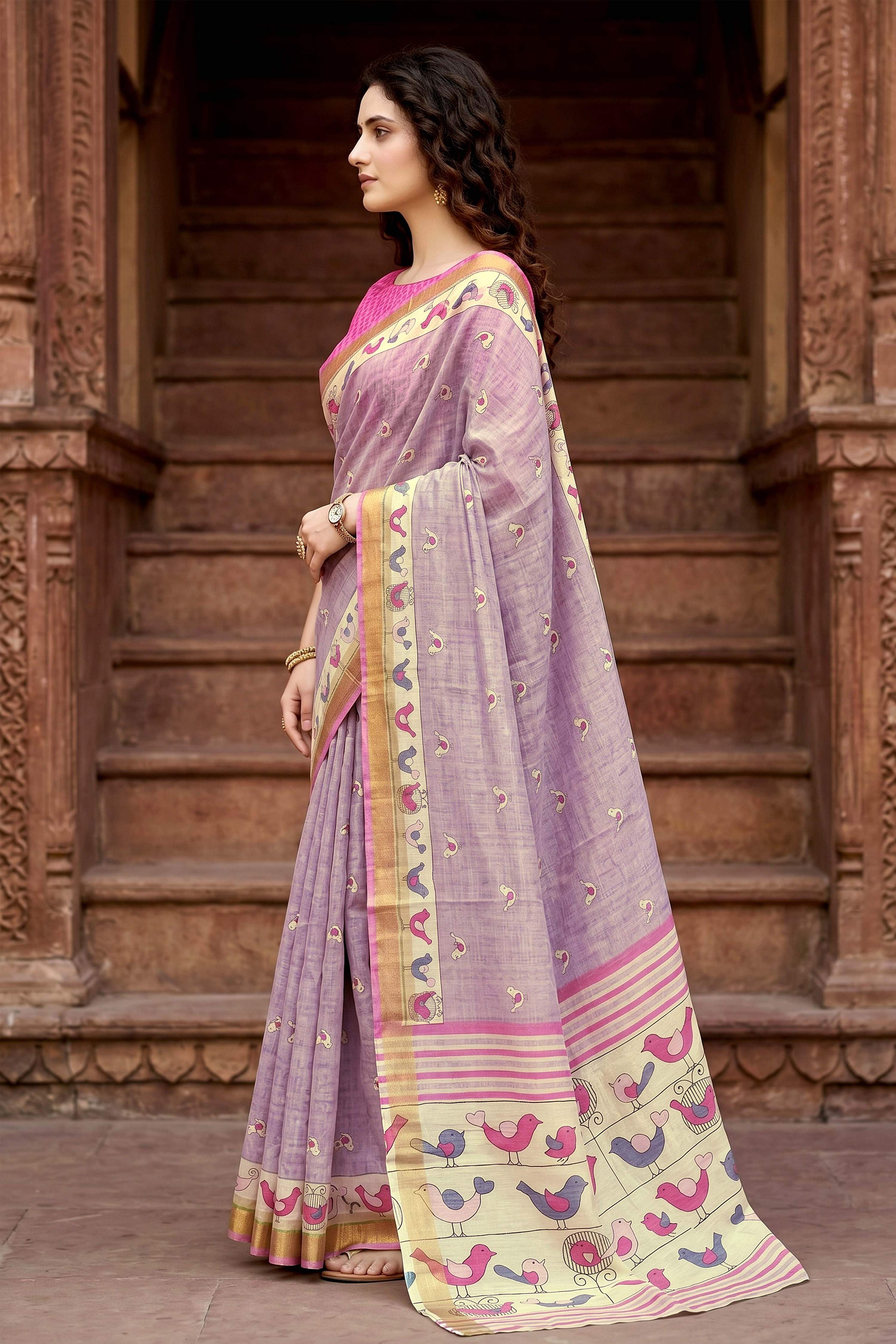 Sangam Prints Lavender Cotton Print Woven Work Traditional Saree | Grocsy