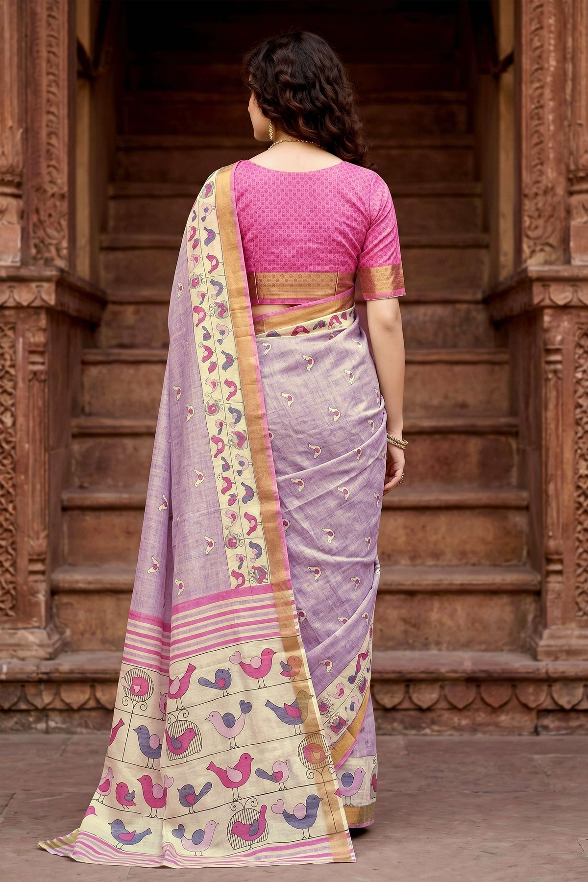 Sangam Prints Lavender Cotton Print Woven Work Traditional Saree | Grocsy