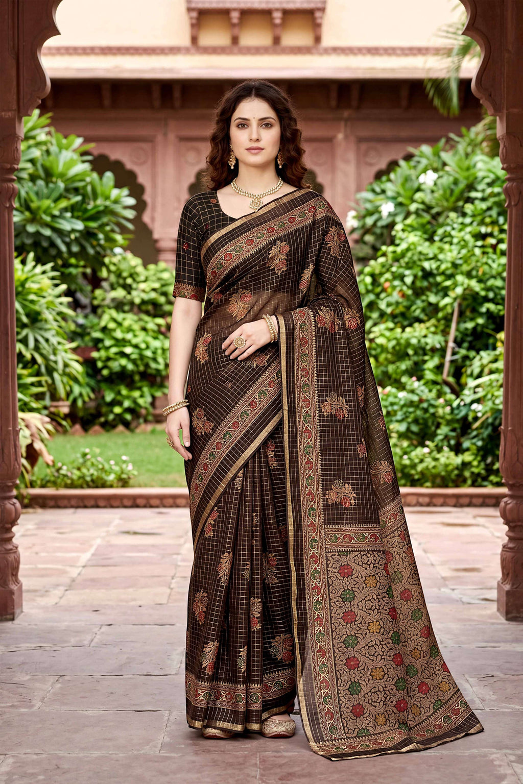 Sangam Prints Coffee Brown Cotton Print Woven Work Traditional Saree | Grocsy