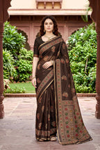 Sangam Prints Coffee Brown Cotton Print Woven Work Traditional Saree | Grocsy