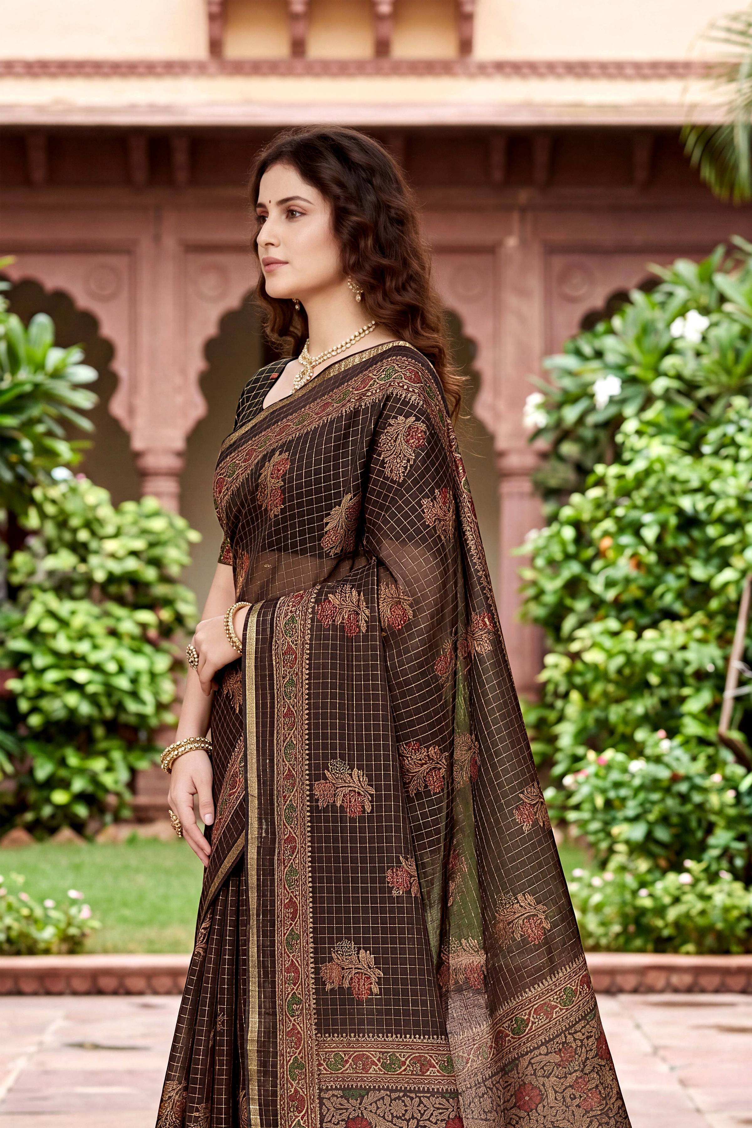 Sangam Prints Coffee Brown Cotton Print Woven Work Traditional Saree | Grocsy