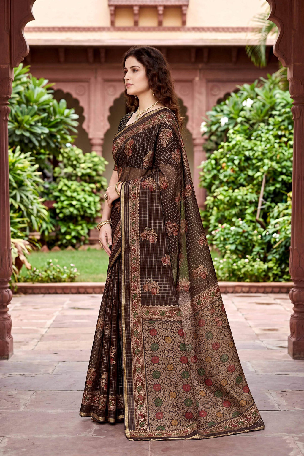 Sangam Prints Coffee Brown Cotton Print Woven Work Traditional Saree | Grocsy