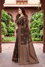 Sangam Prints Coffee Brown Cotton Print Woven Work Traditional Saree | Grocsy