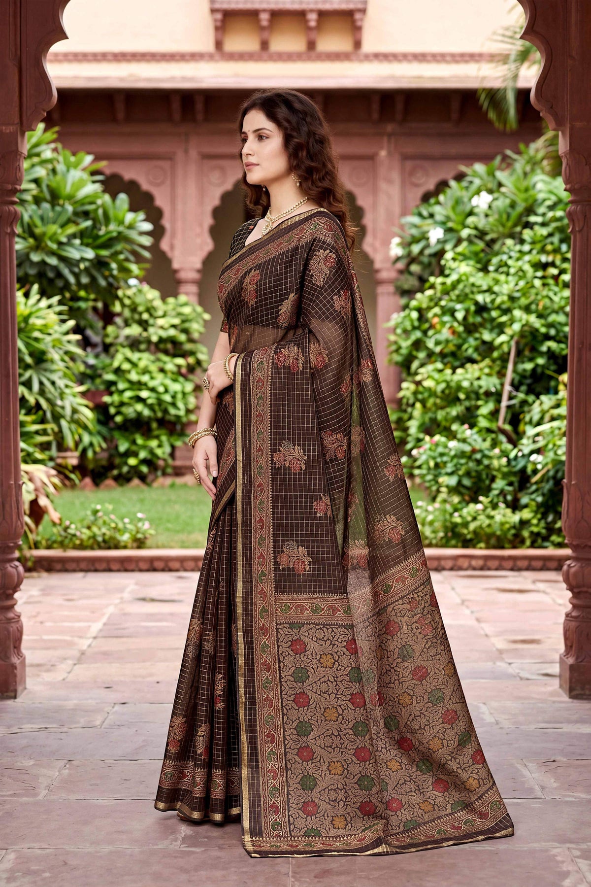 Sangam Prints Coffee Brown Cotton Print Woven Work Traditional Saree | Grocsy