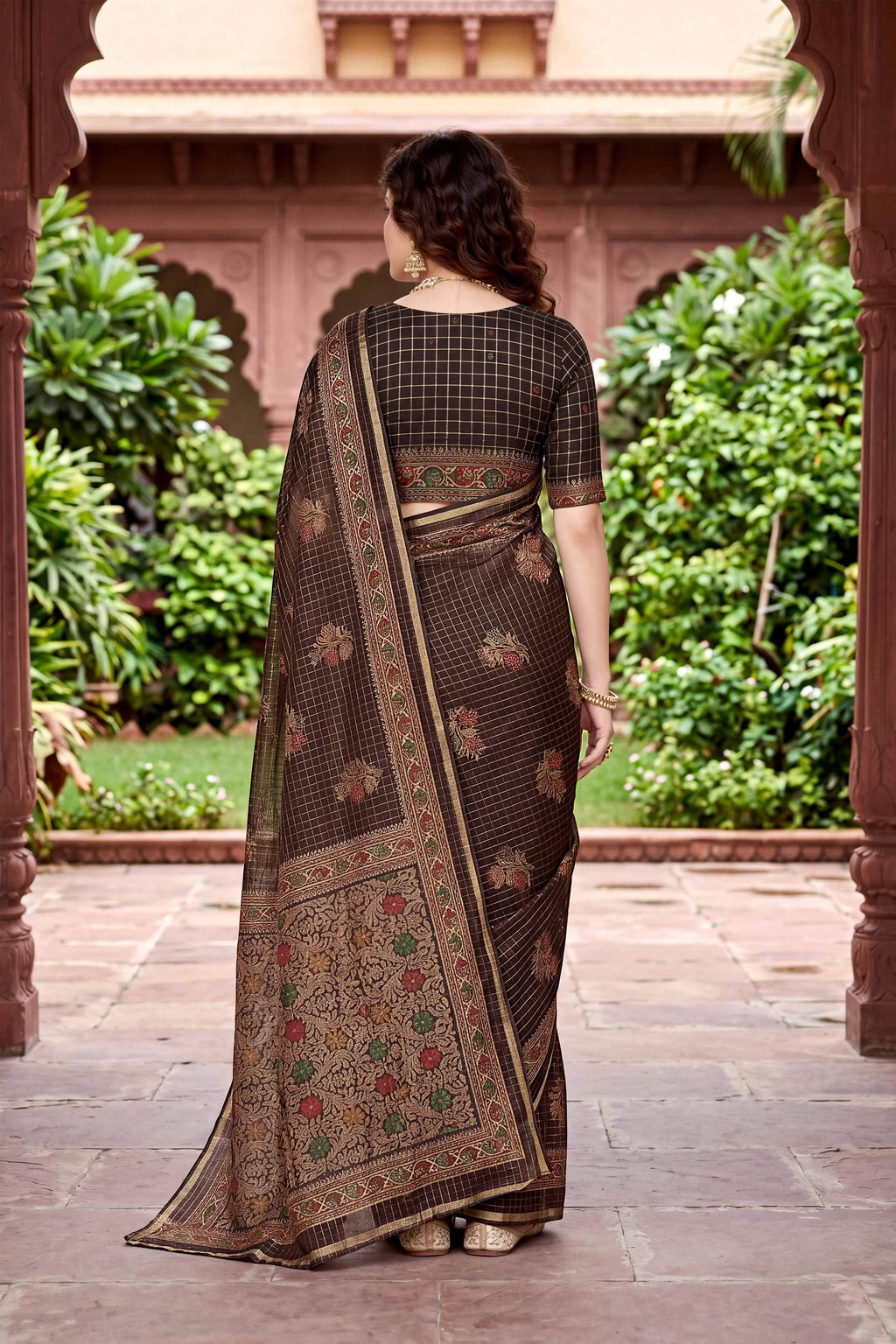 Sangam Prints Coffee Brown Cotton Print Woven Work Traditional Saree | Grocsy