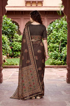 Sangam Prints Coffee Brown Cotton Print Woven Work Traditional Saree | Grocsy