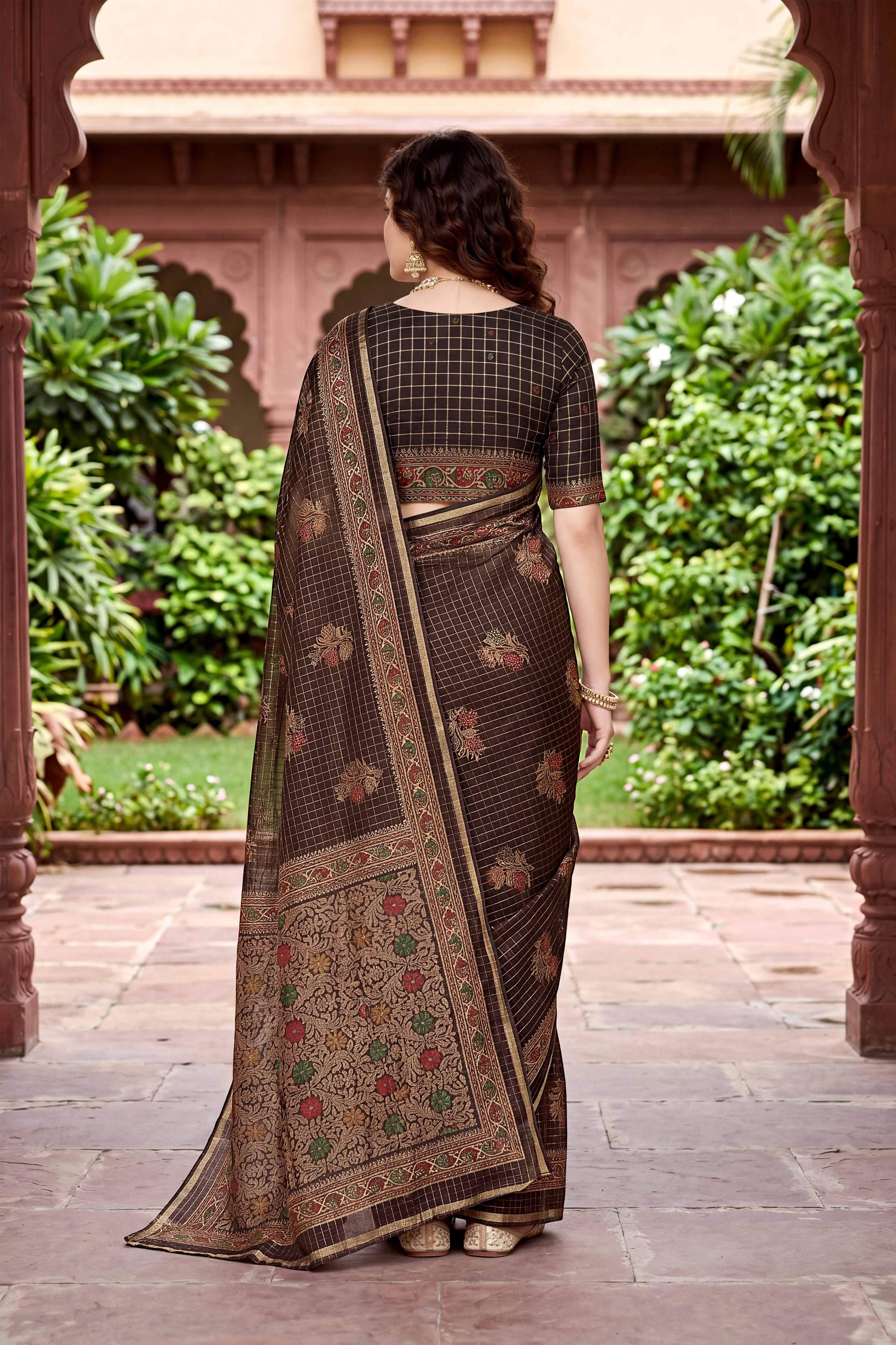 Sangam Prints Coffee Brown Cotton Print Woven Work Traditional Saree | Grocsy