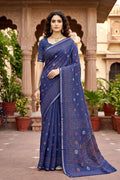 Sangam Prints Navy Blue Cotton Print Woven Work Traditional Saree | Grocsy