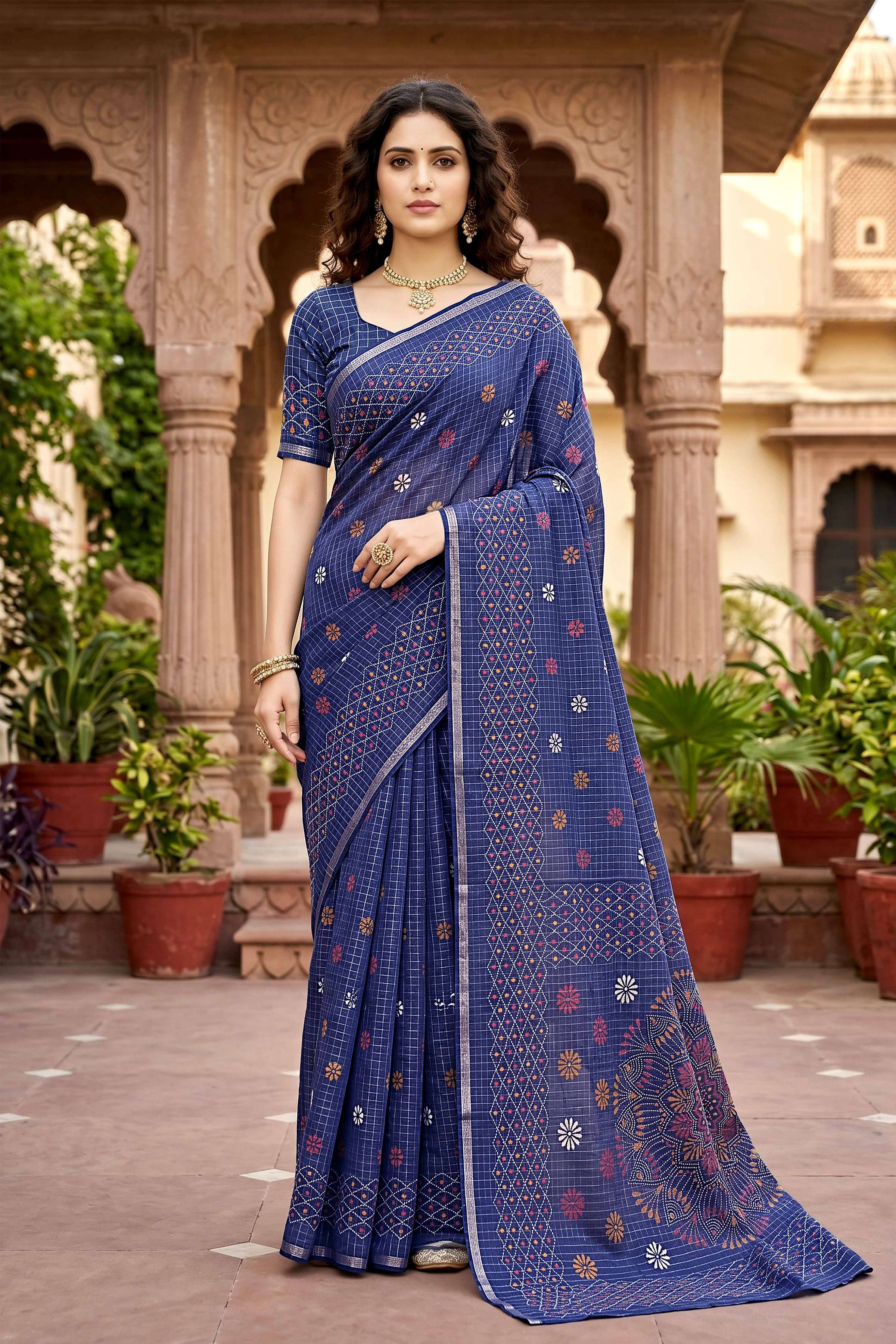 Sangam Prints Navy Blue Cotton Print Woven Work Traditional Saree | Grocsy
