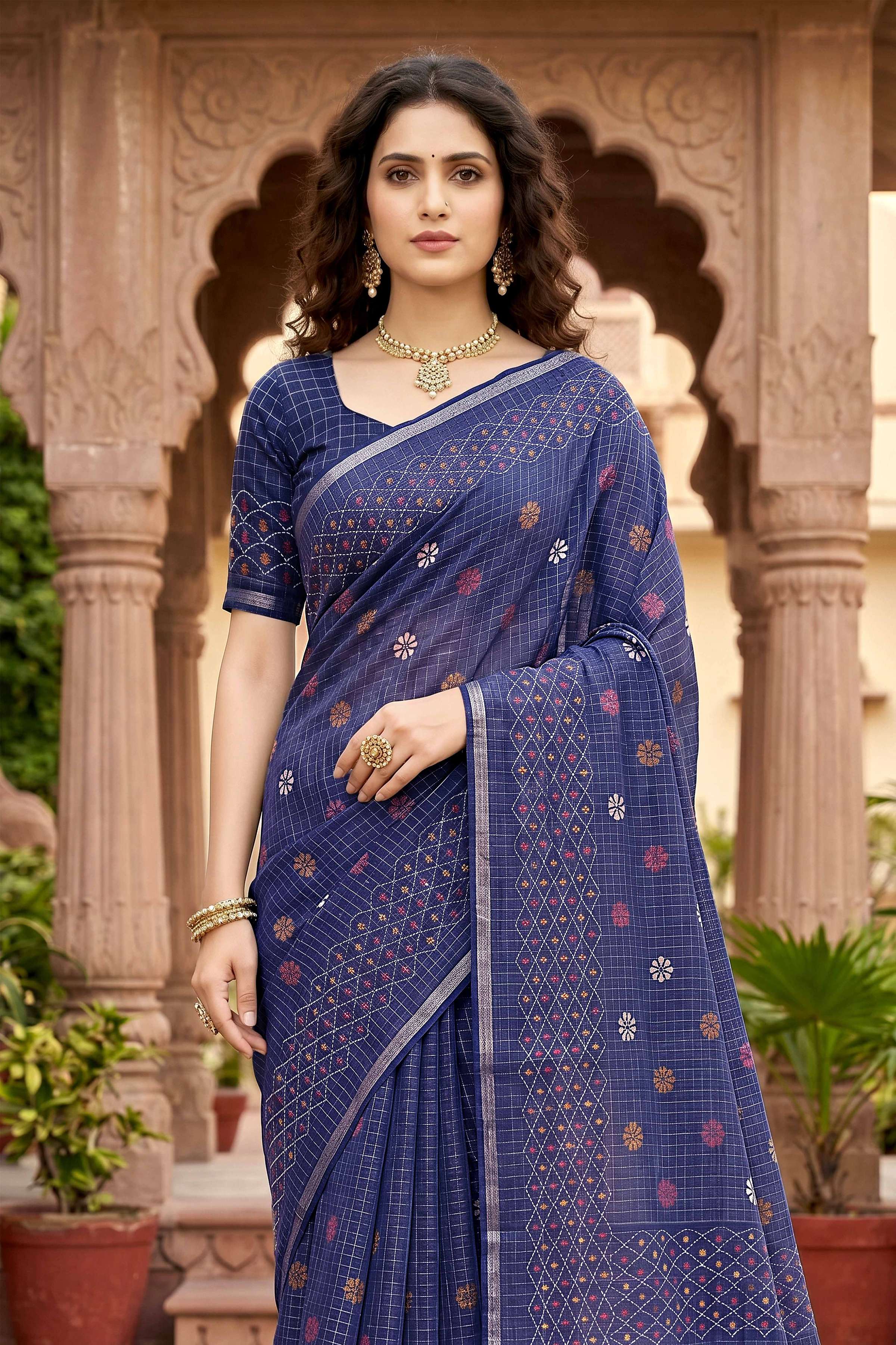 Sangam Prints Navy Blue Cotton Print Woven Work Traditional Saree | Grocsy