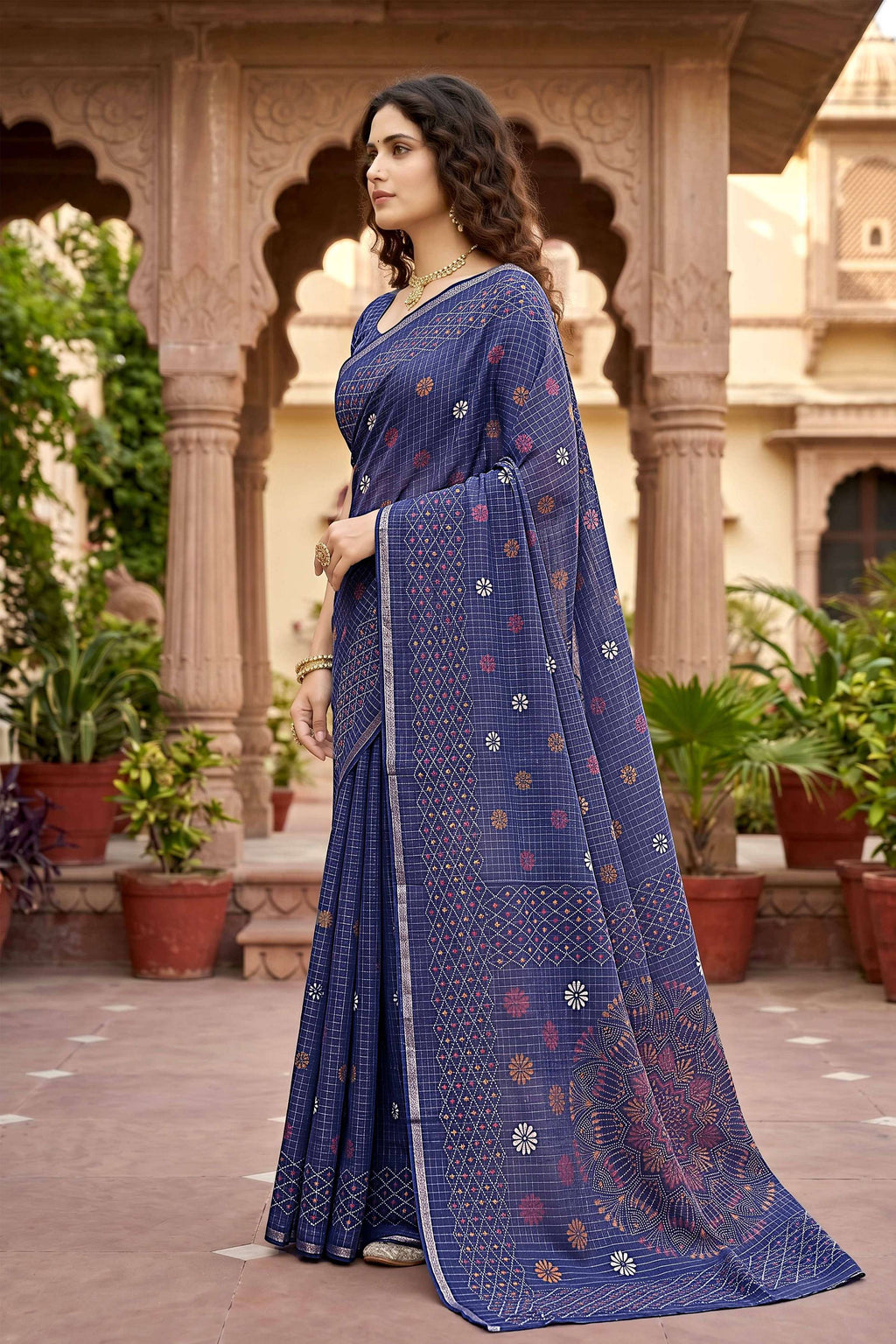 Sangam Prints Navy Blue Cotton Print Woven Work Traditional Saree | Grocsy