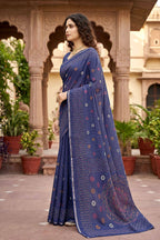 Sangam Prints Navy Blue Cotton Print Woven Work Traditional Saree | Grocsy
