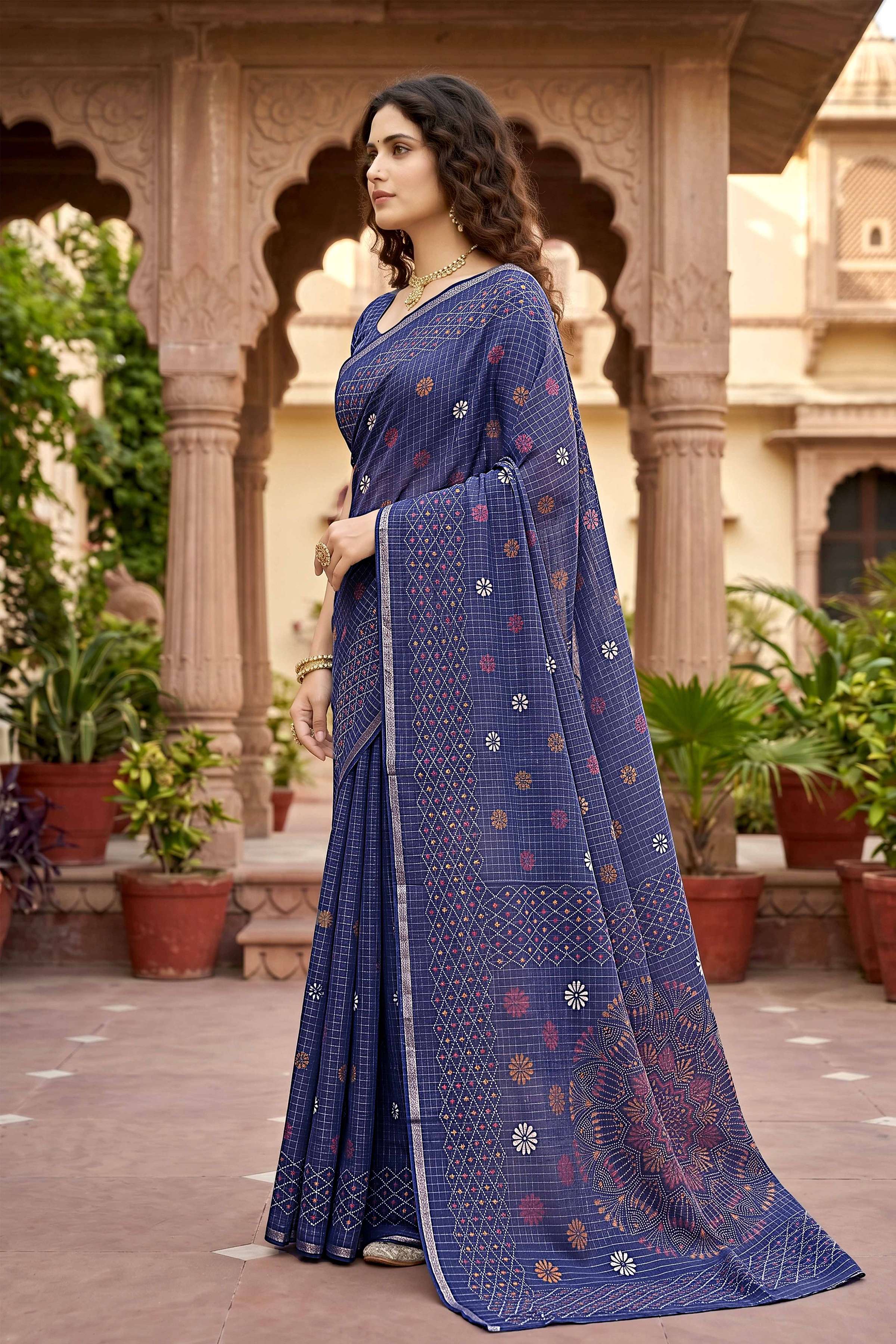 Sangam Prints Navy Blue Cotton Print Woven Work Traditional Saree | Grocsy