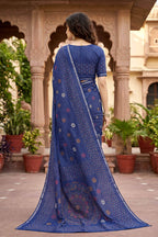 Sangam Prints Navy Blue Cotton Print Woven Work Traditional Saree | Grocsy