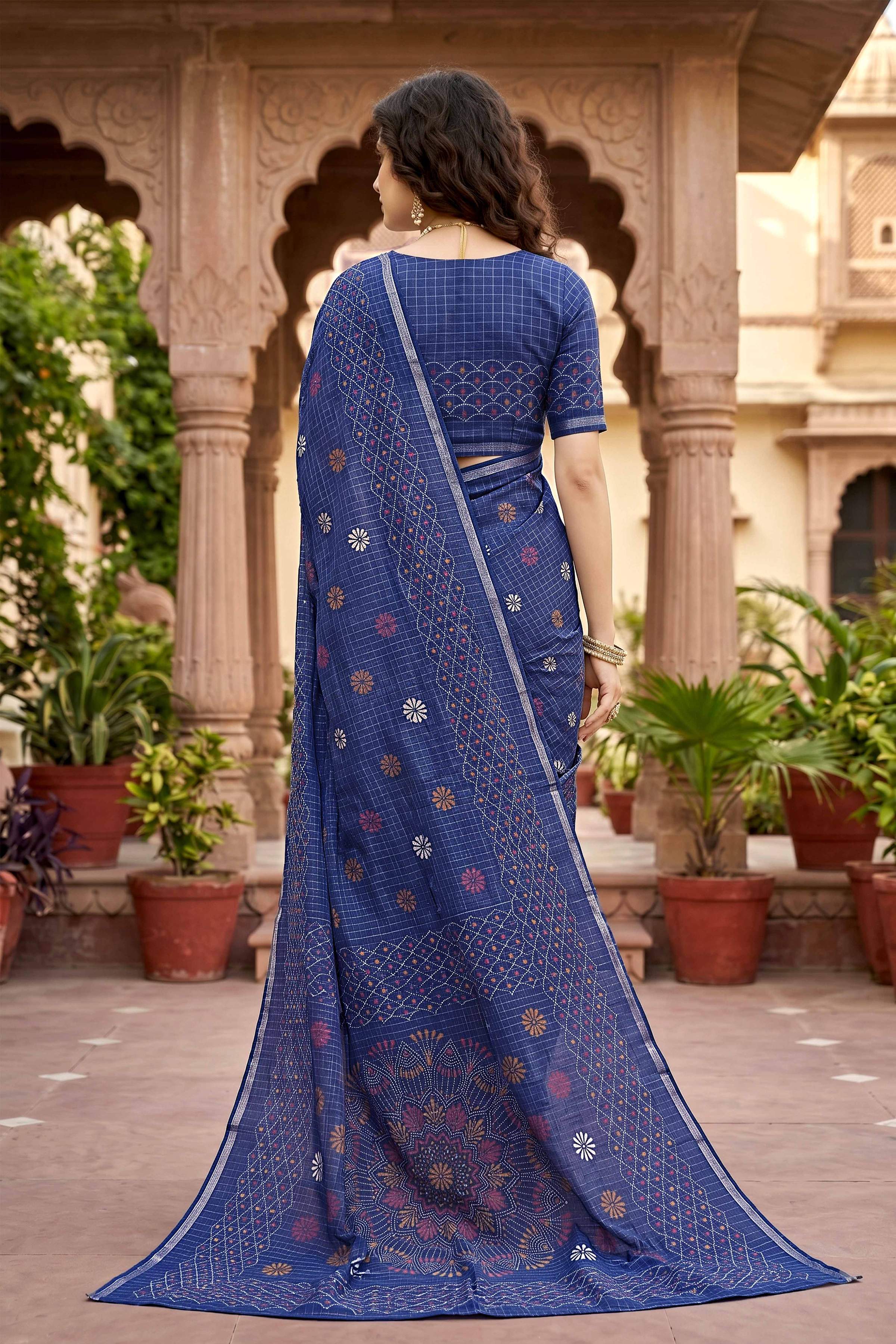 Sangam Prints Navy Blue Cotton Print Woven Work Traditional Saree | Grocsy