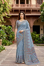 Sangam Prints Gray Cotton Print Woven Work Traditional Saree | Grocsy