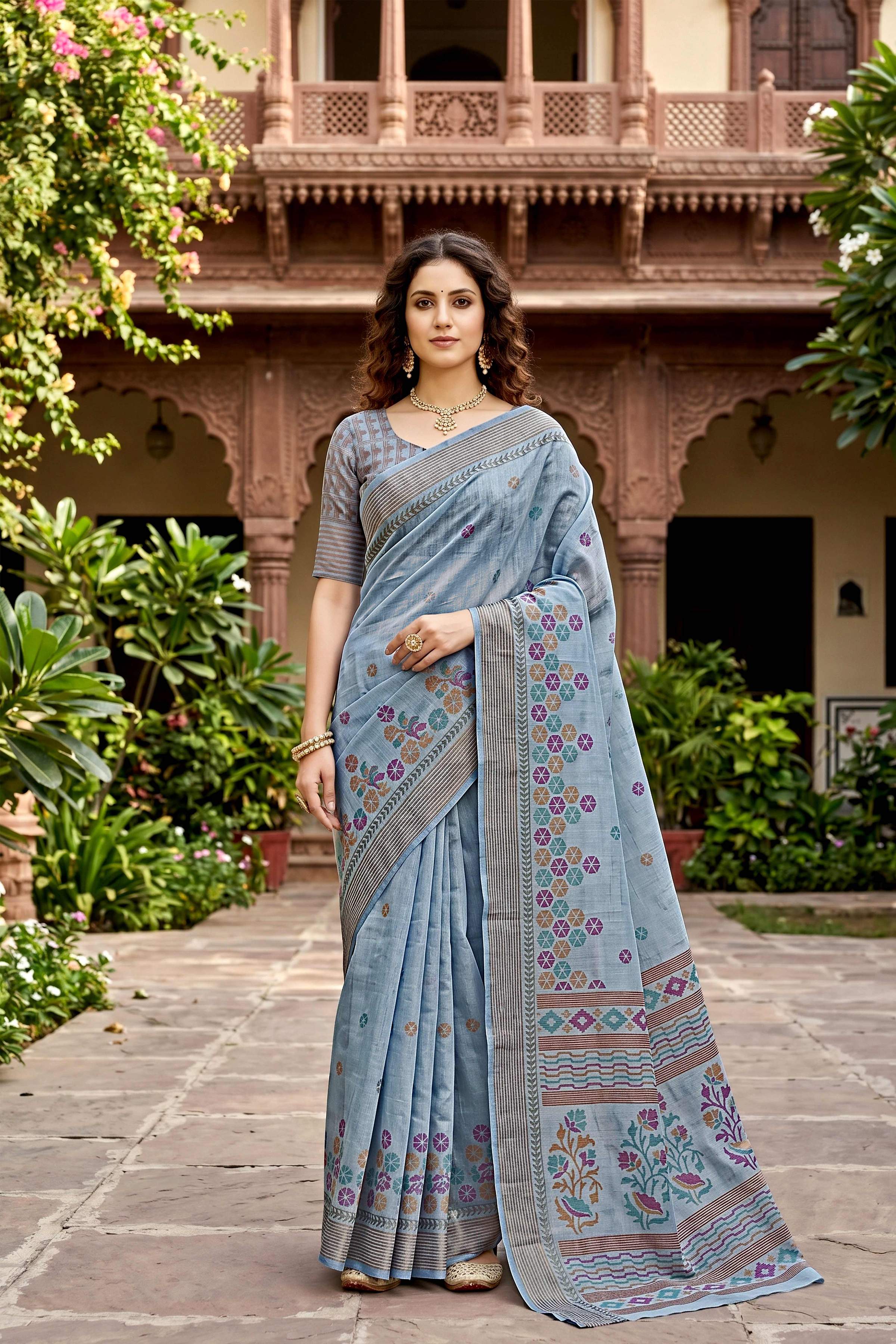Sangam Prints Gray Cotton Print Woven Work Traditional Saree | Grocsy