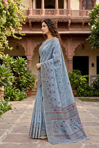 Sangam Prints Gray Cotton Print Woven Work Traditional Saree | Grocsy