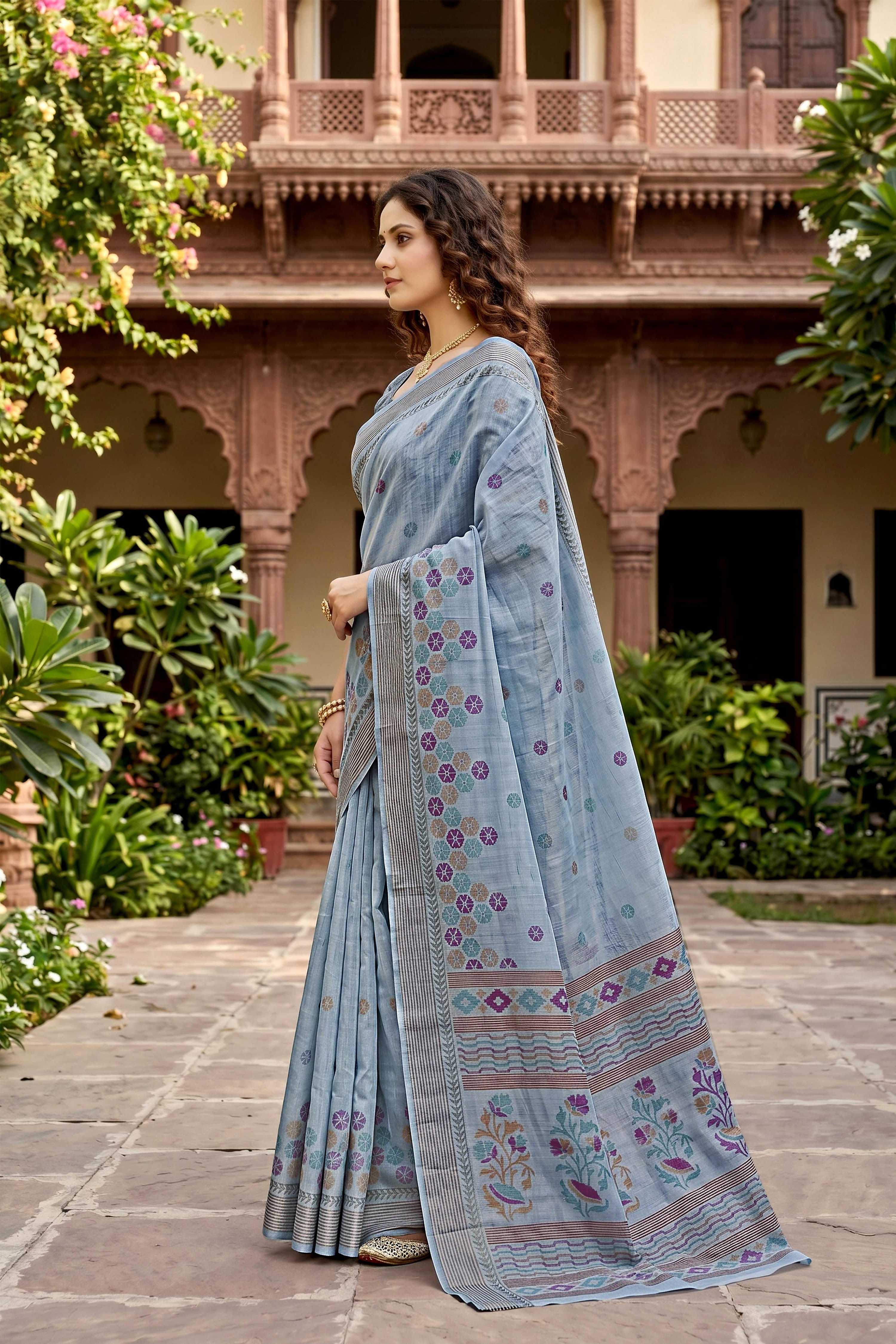 Sangam Prints Gray Cotton Print Woven Work Traditional Saree | Grocsy