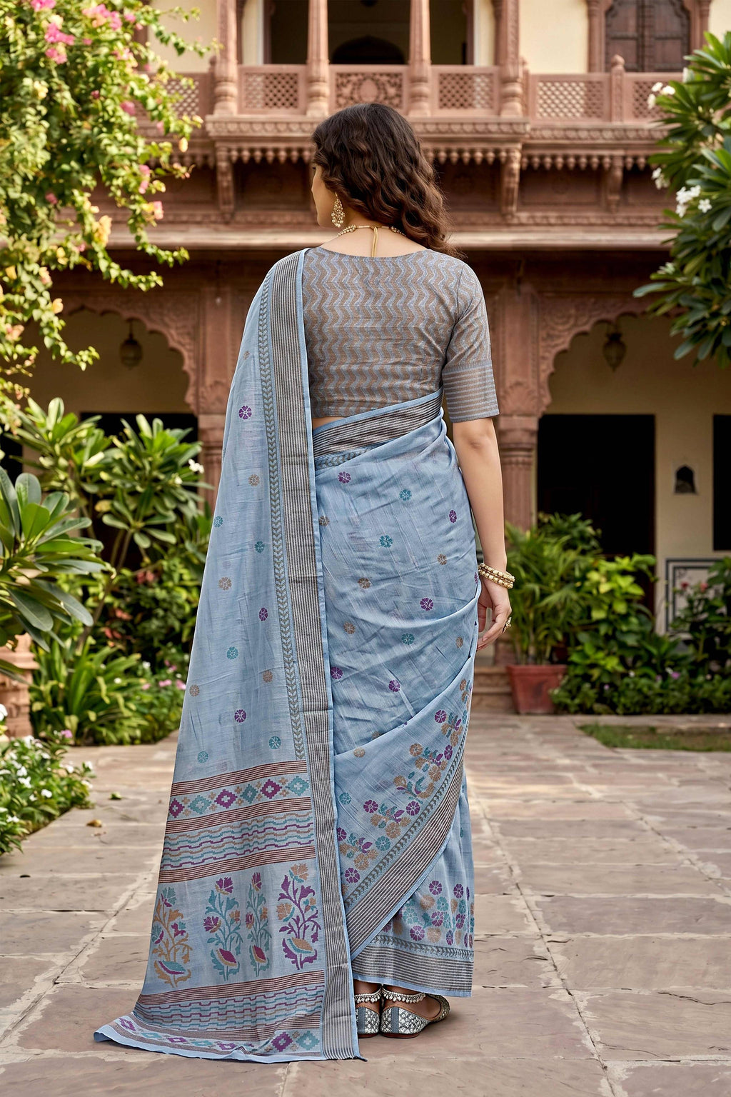 Sangam Prints Gray Cotton Print Woven Work Traditional Saree | Grocsy