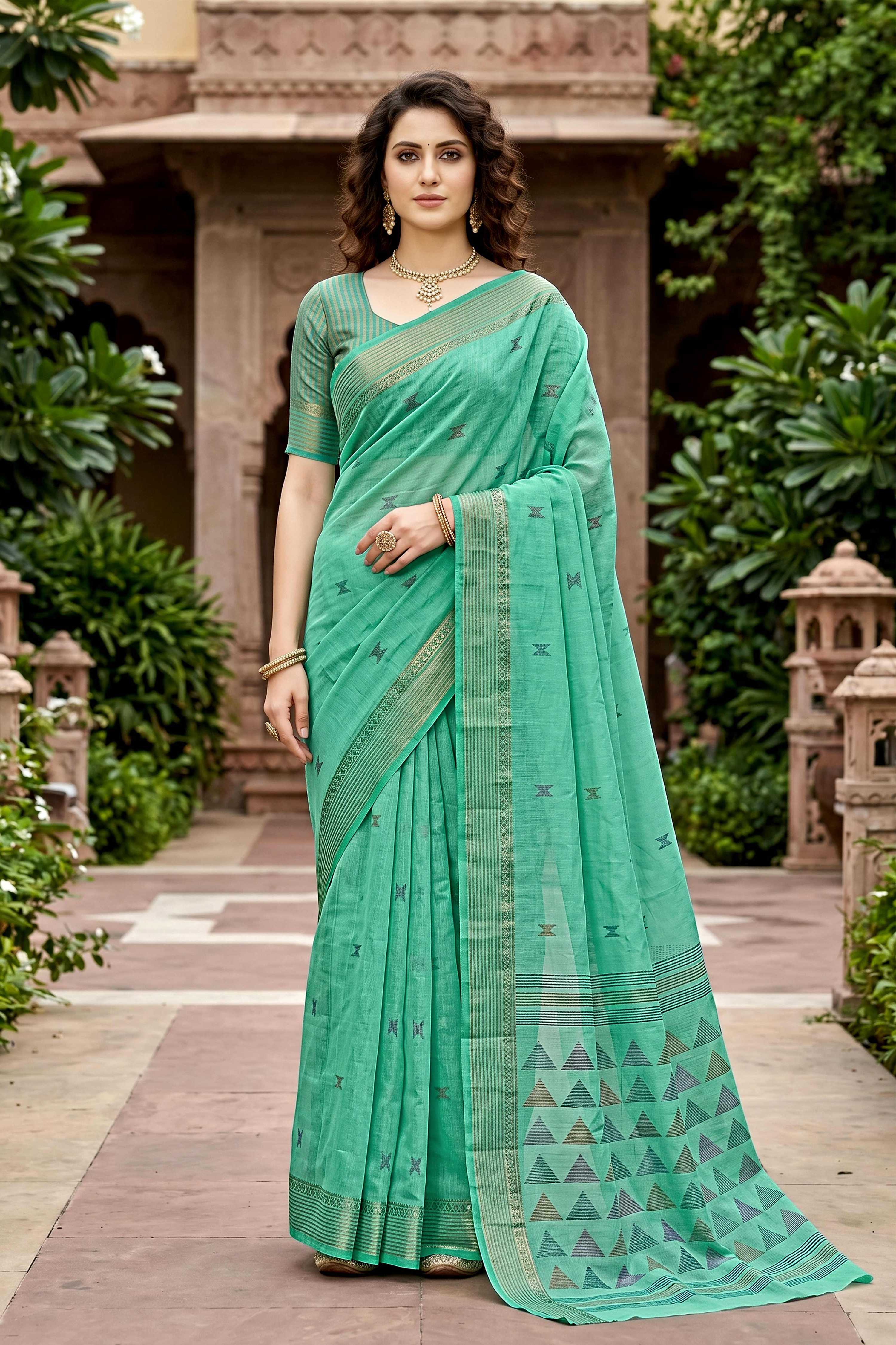 Sangam Prints Mint Green Cotton Print Woven Work Traditional Saree | Grocsy