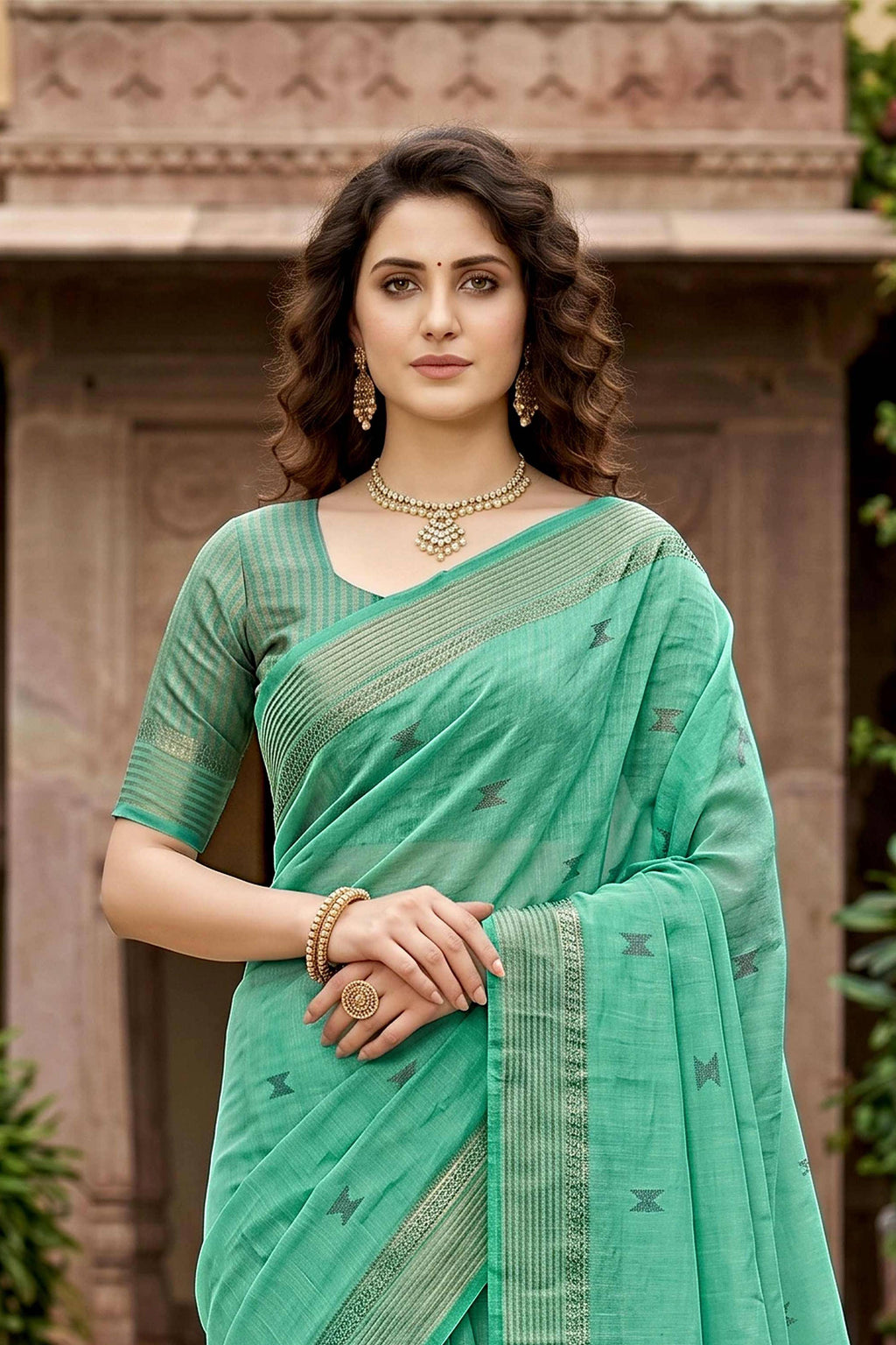 Sangam Prints Mint Green Cotton Print Woven Work Traditional Saree | Grocsy