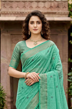 Sangam Prints Mint Green Cotton Print Woven Work Traditional Saree | Grocsy