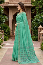Sangam Prints Mint Green Cotton Print Woven Work Traditional Saree | Grocsy