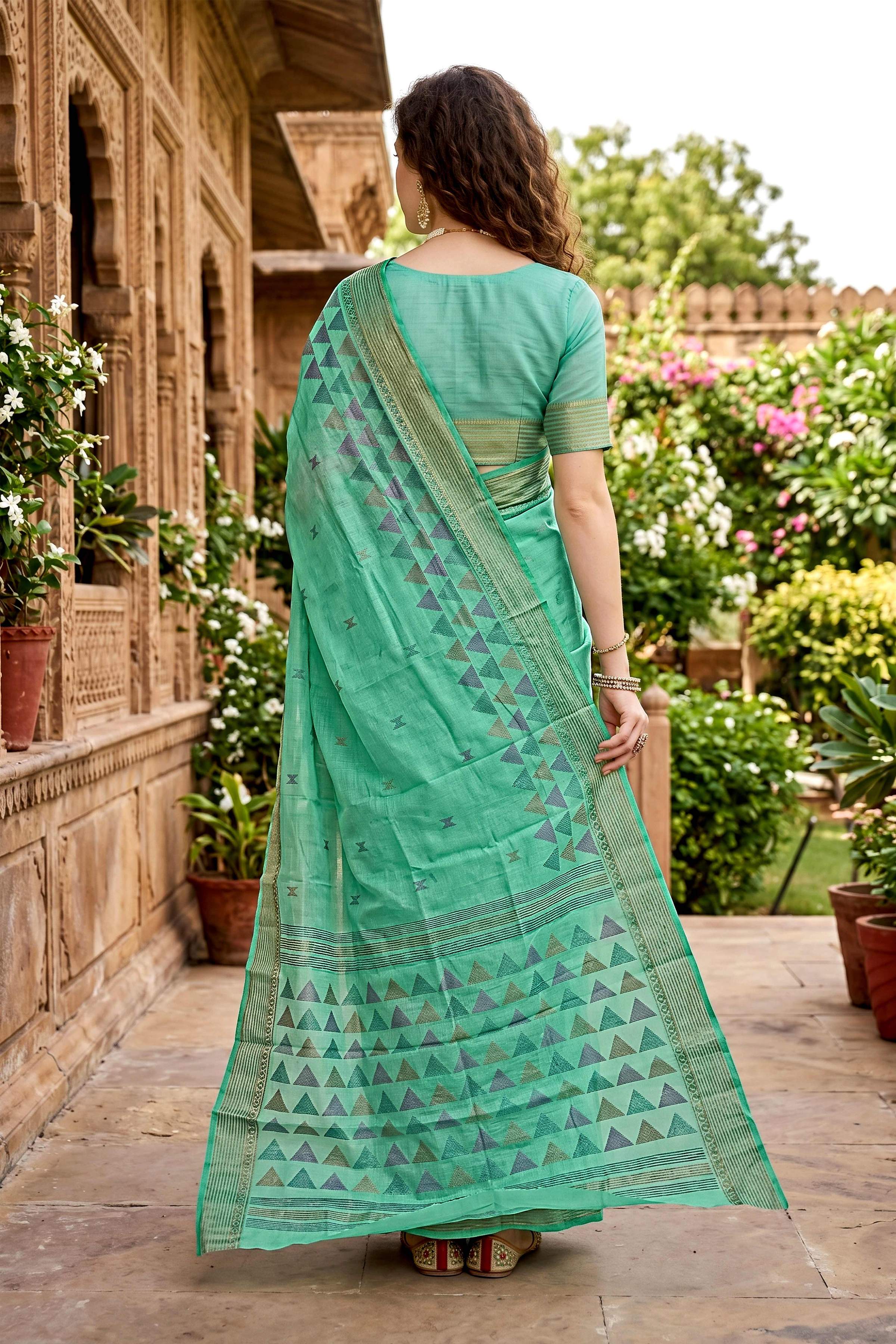 Sangam Prints Mint Green Cotton Print Woven Work Traditional Saree | Grocsy