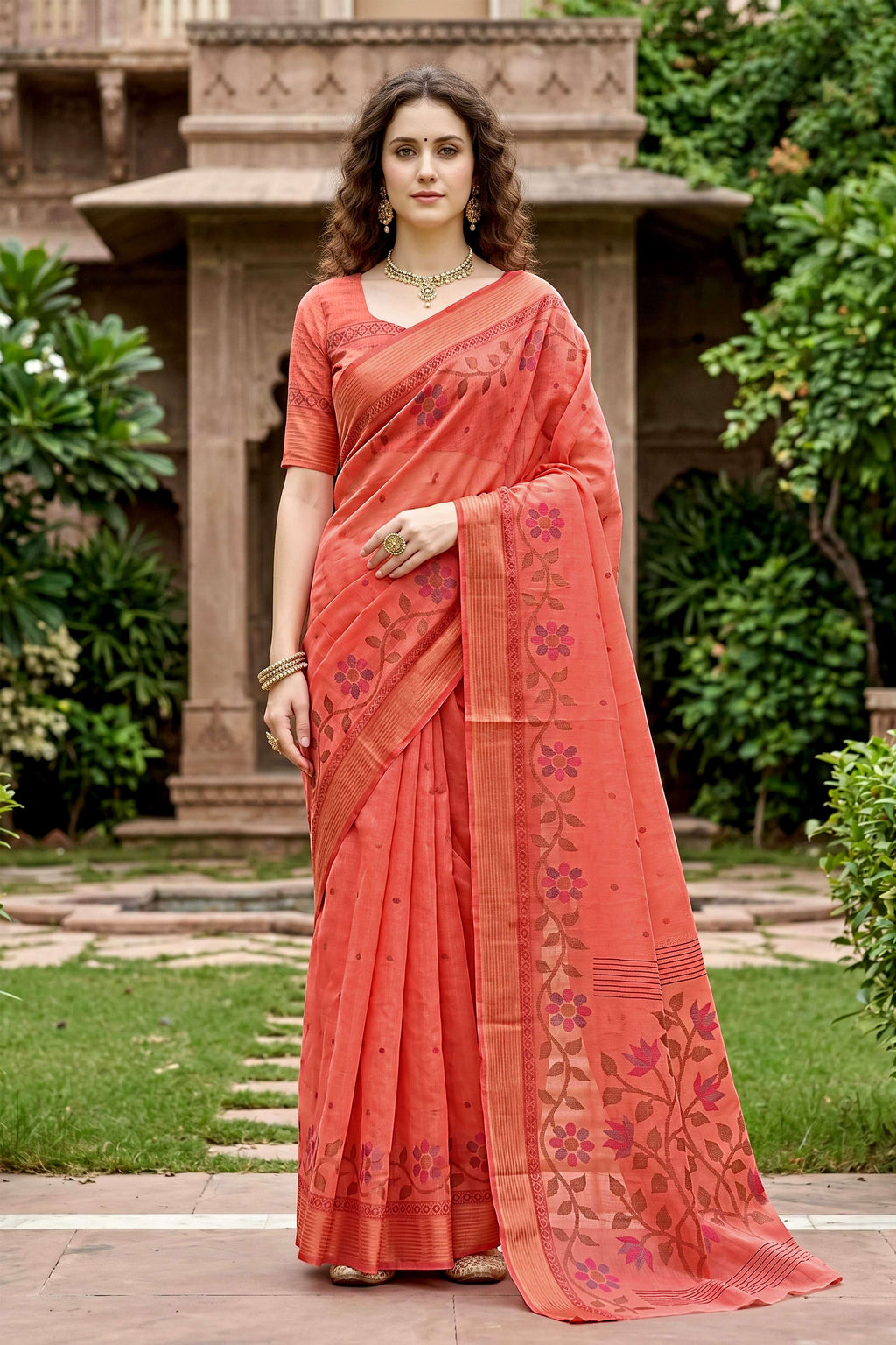 Sangam Prints Coral Orange Cotton Print Woven Work Traditional Saree | Grocsy