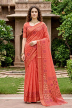 Sangam Prints Coral Orange Cotton Print Woven Work Traditional Saree | Grocsy