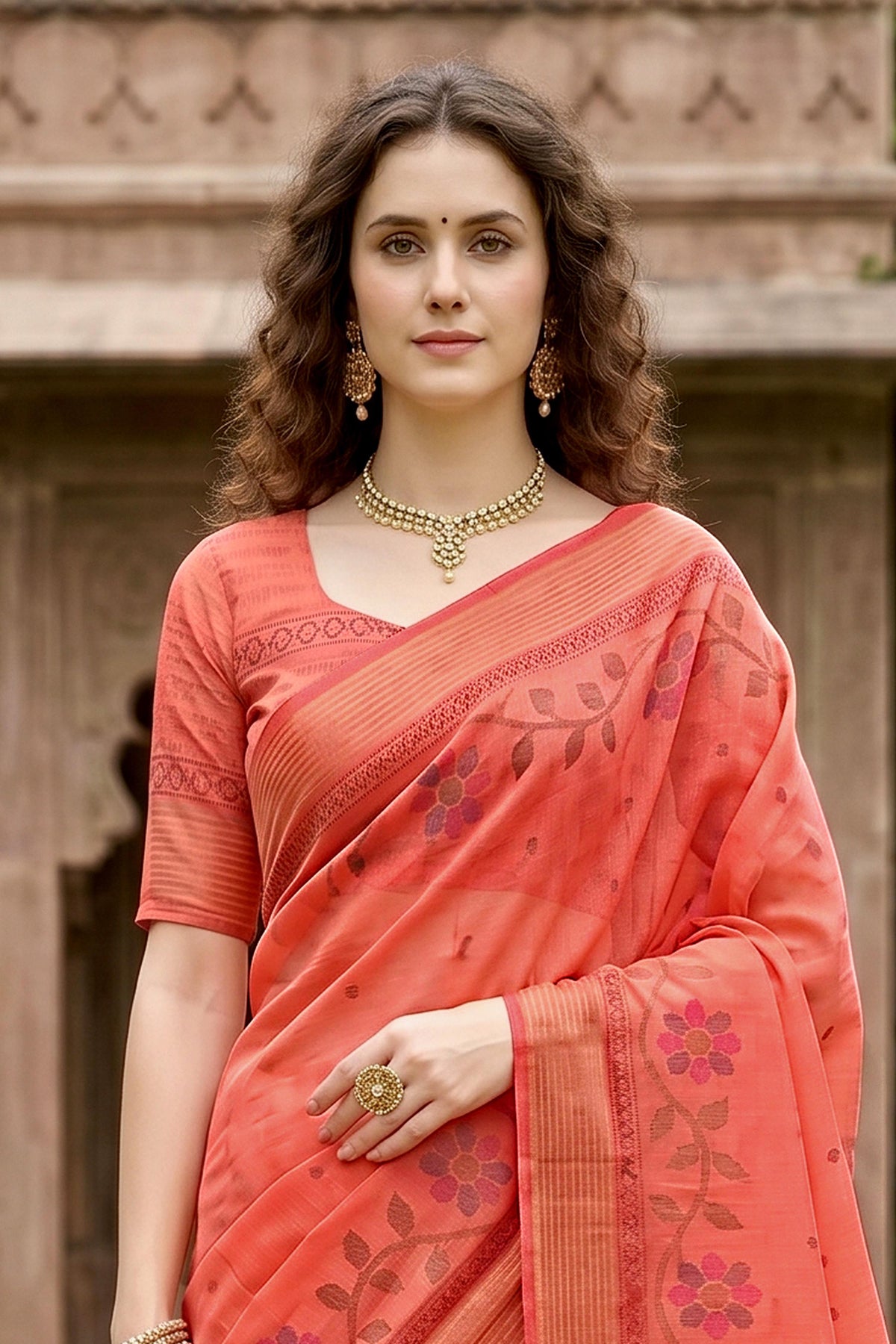 Sangam Prints Coral Orange Cotton Print Woven Work Traditional Saree | Grocsy