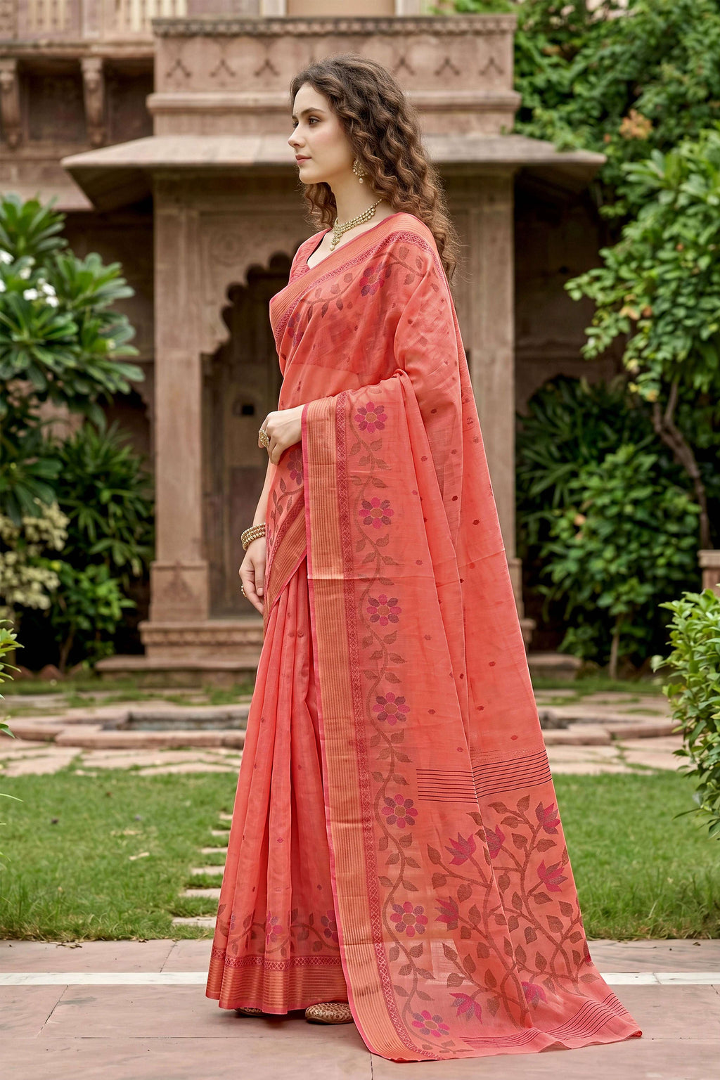 Sangam Prints Coral Orange Cotton Print Woven Work Traditional Saree | Grocsy