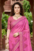 Sangam Prints Rani Pink Cotton Print Woven Work Traditional Saree | Grocsy