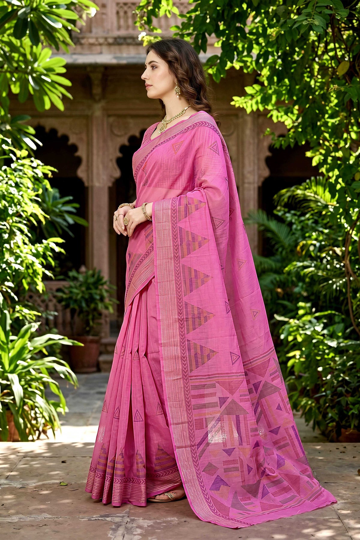Sangam Prints Rani Pink Cotton Print Woven Work Traditional Saree | Grocsy