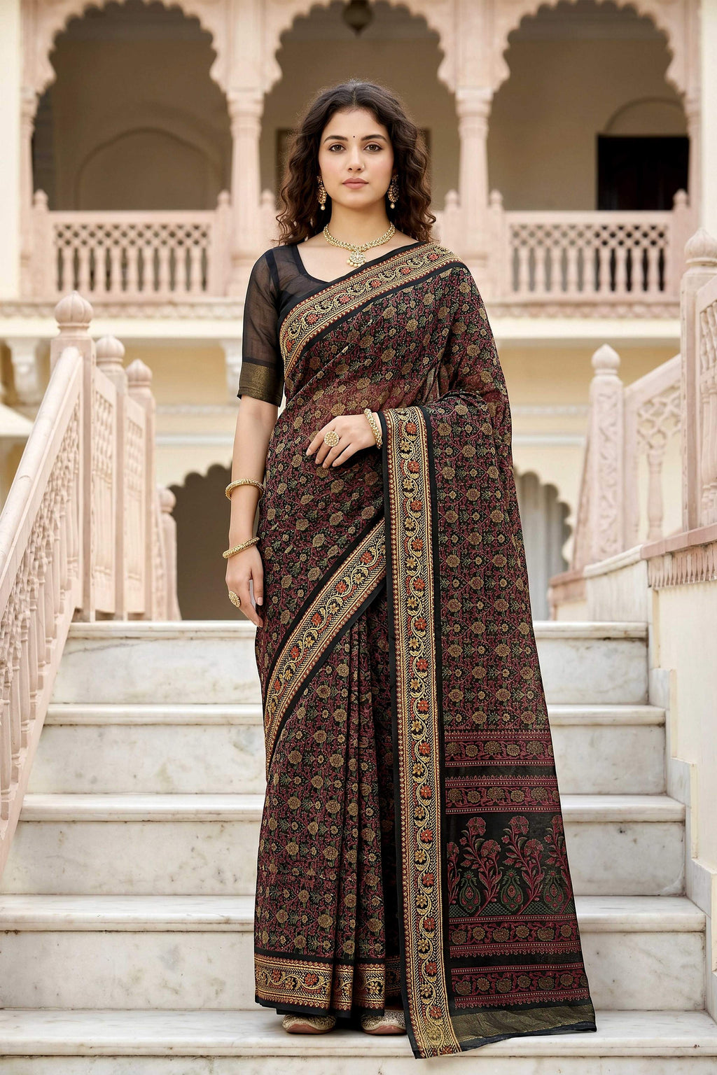 Sangam Prints Brown Cotton Print Woven Work Traditional Saree | Grocsy