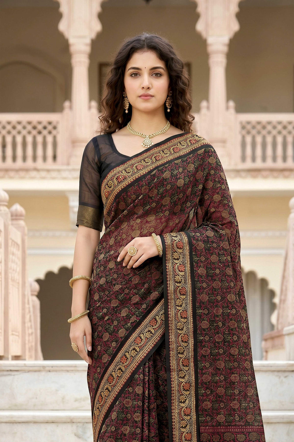 Sangam Prints Brown Cotton Print Woven Work Traditional Saree | Grocsy