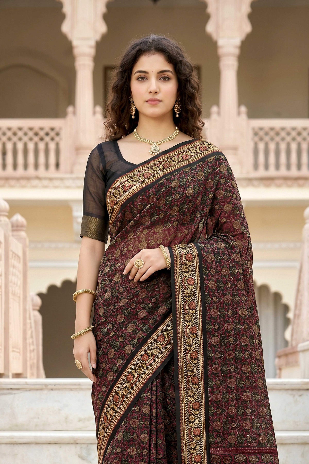 Sangam Prints Brown Cotton Print Woven Work Traditional Saree | Grocsy