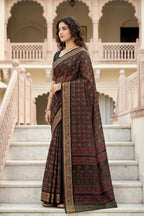 Sangam Prints Brown Cotton Print Woven Work Traditional Saree | Grocsy