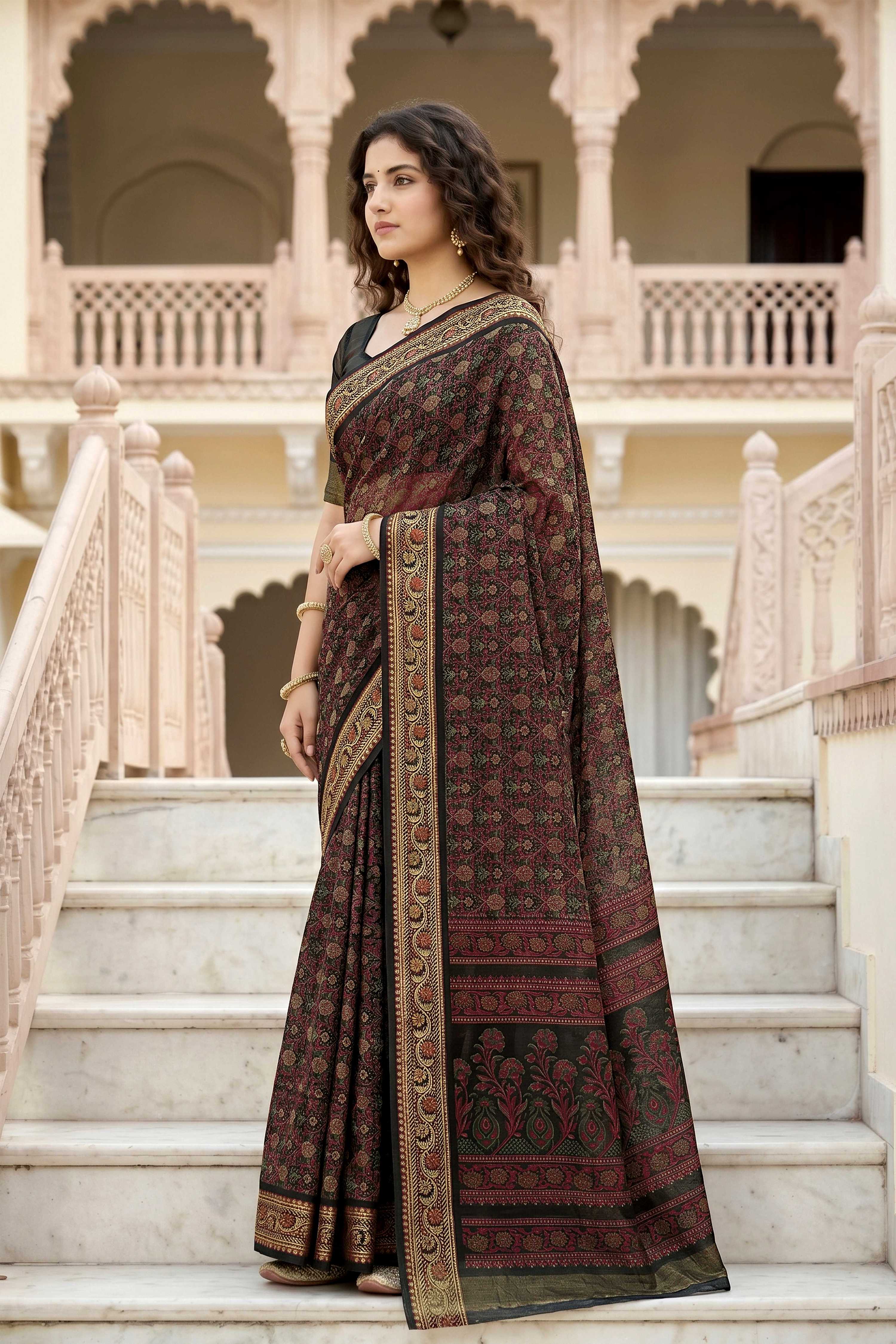 Sangam Prints Brown Cotton Print Woven Work Traditional Saree | Grocsy