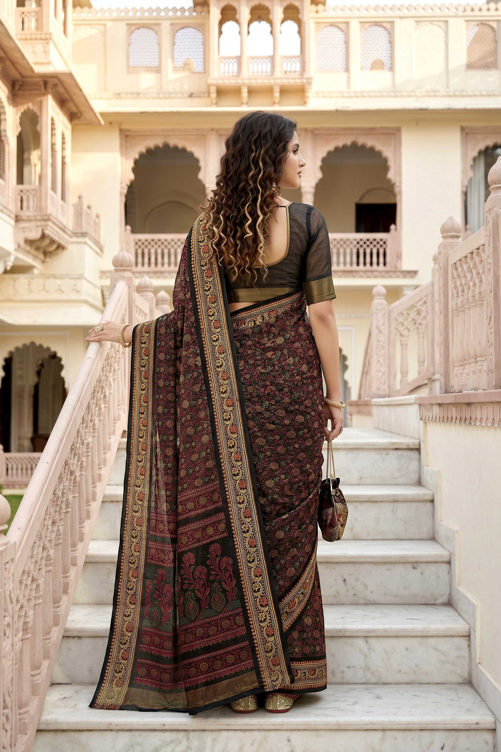 Sangam Prints Brown Cotton Print Woven Work Traditional Saree | Grocsy