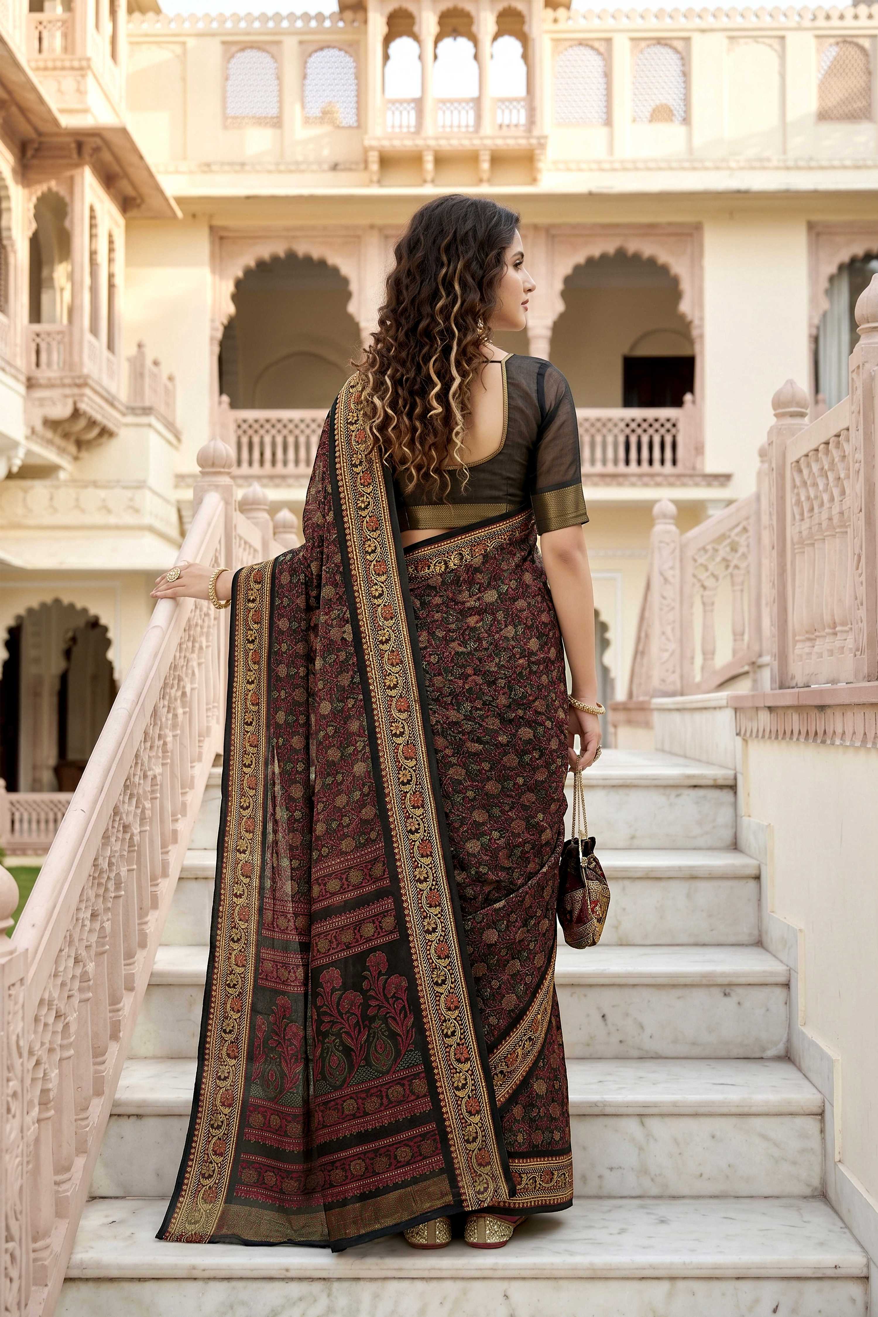 Sangam Prints Brown Cotton Print Woven Work Traditional Saree | Grocsy
