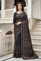 Sangam Prints Black Cotton Print Woven Work Traditional Saree | Grocsy