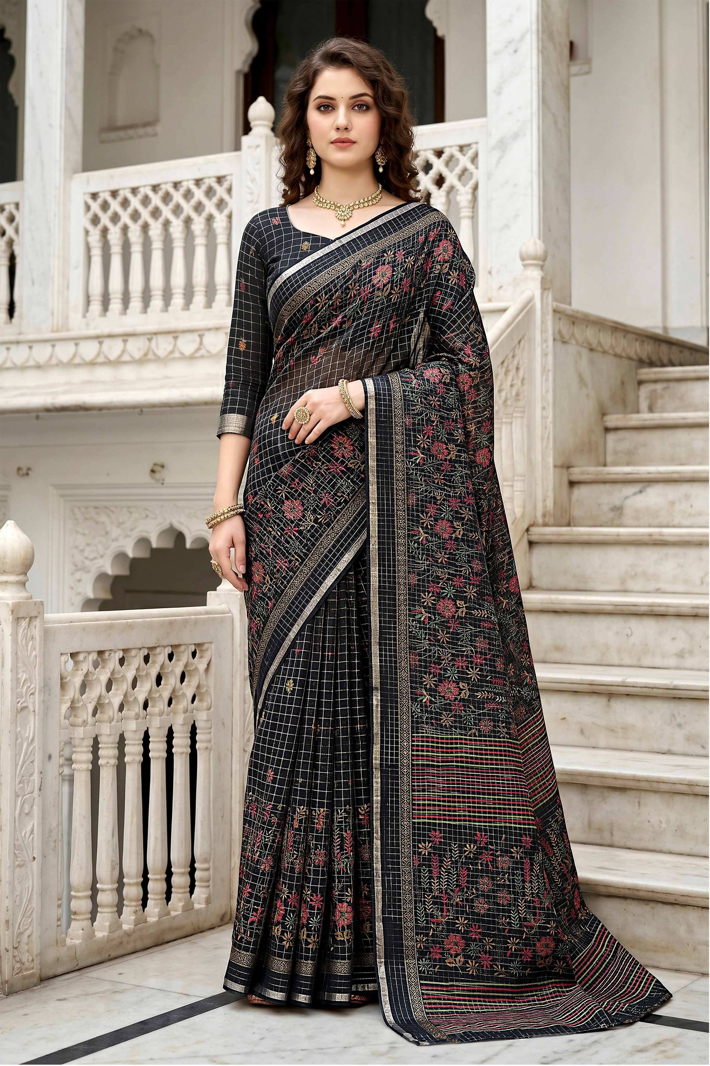 Sangam Prints Black Cotton Print Woven Work Traditional Saree | Grocsy