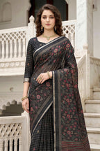 Sangam Prints Black Cotton Print Woven Work Traditional Saree | Grocsy