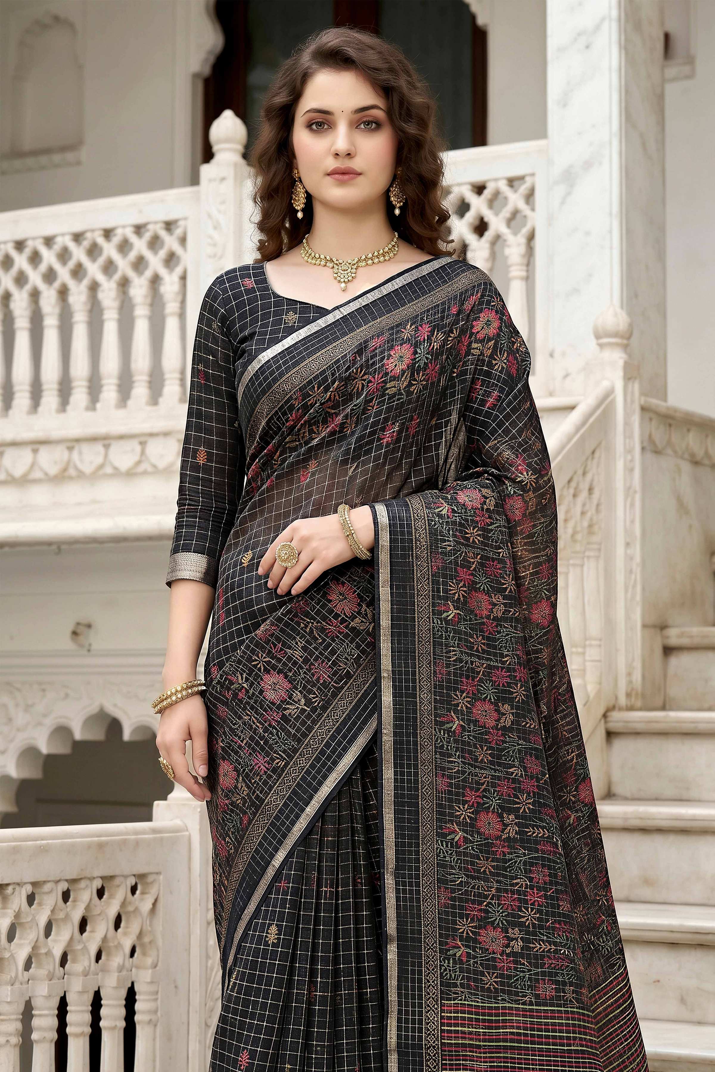 Sangam Prints Black Cotton Print Woven Work Traditional Saree | Grocsy