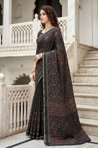Sangam Prints Black Cotton Print Woven Work Traditional Saree | Grocsy
