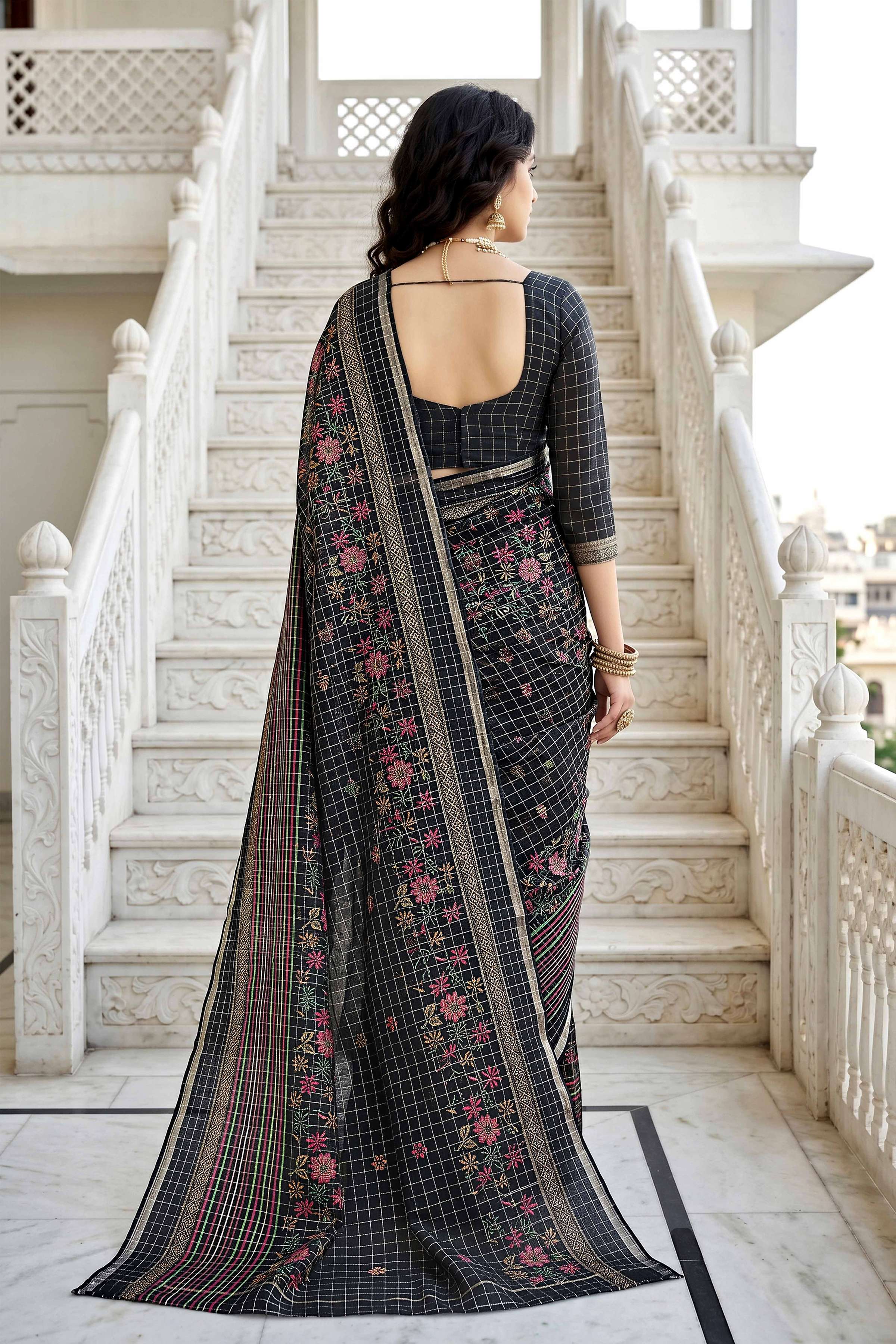 Sangam Prints Black Cotton Print Woven Work Traditional Saree | Grocsy